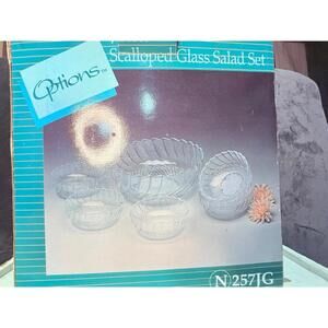 Options™ Scalloped Glass Salad Bowl Set 7 Pc Daisy Pressed Glass NIB